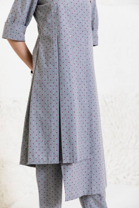 Buy_Orcr_Gray Cotton Beads Round Neck Asymmetric Tunic And Flared Pant Set 