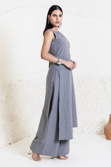 Orcr_Gray Cotton Beads Round Neck Asymmetric Tunic And Flared Pant Set _Online_at_Aza_Fashions