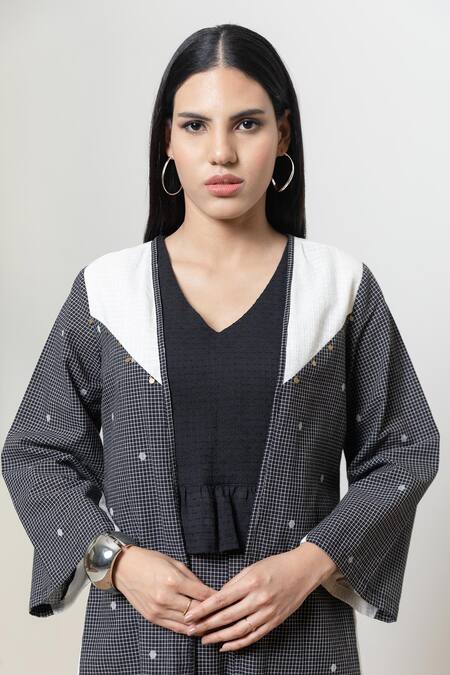 Orcr_Black Cotton Sequins Open Neck, Asymmetric Jacket Pant Set _Online_at_Aza_Fashions