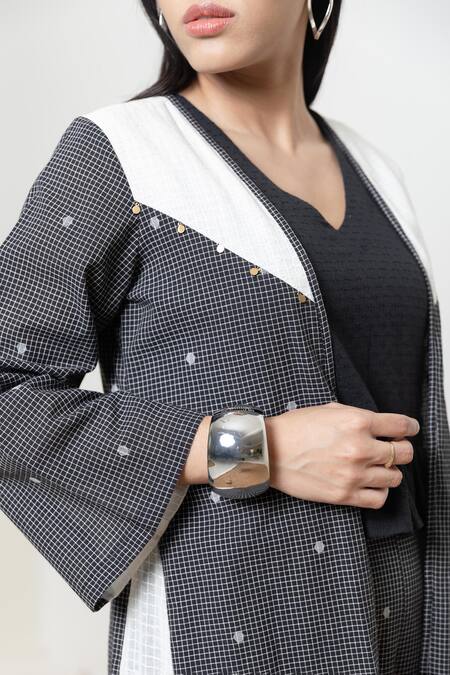 Buy_Orcr_Black Cotton Sequins Open Neck, Asymmetric Jacket Pant Set _Online_at_Aza_Fashions