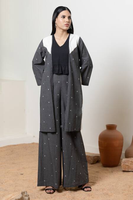 Shop_Orcr_Black Cotton Sequins Open Neck, Asymmetric Jacket Pant Set _Online_at_Aza_Fashions