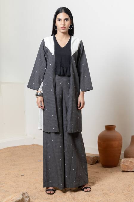 Orcr_Black Cotton Sequins Open Neck, Asymmetric Jacket Pant Set _at_Aza_Fashions