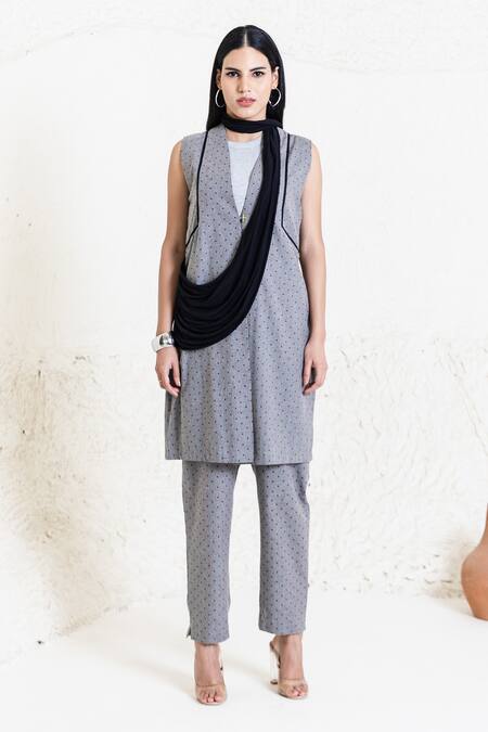 Orcr_Gray Cotton Grey Polka Dot Draped Jacket Kurta Set _Online_at_Aza_Fashions