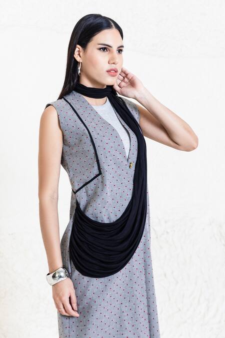 Buy_Orcr_Gray Cotton Grey Polka Dot Draped Jacket Kurta Set _Online_at_Aza_Fashions