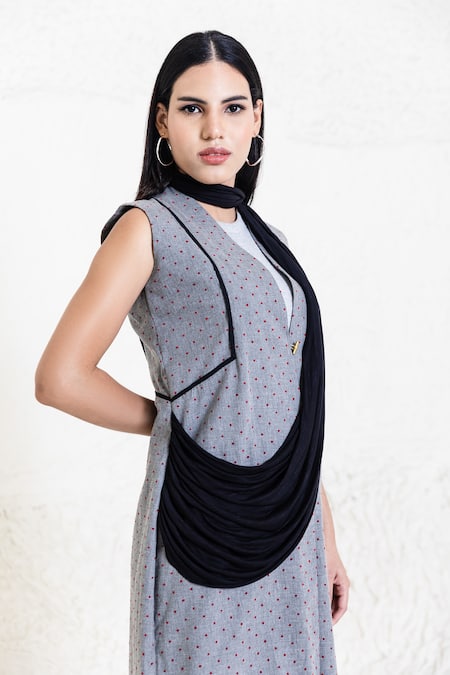 Shop_Orcr_Gray Cotton Grey Polka Dot Draped Jacket Kurta Set _Online_at_Aza_Fashions