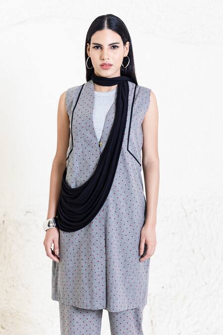 Orcr_Gray Cotton Grey Polka Dot Draped Jacket Kurta Set _at_Aza_Fashions