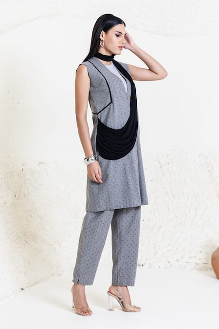 Buy_Orcr_Gray Cotton Grey Polka Dot Draped Jacket Kurta Set 
