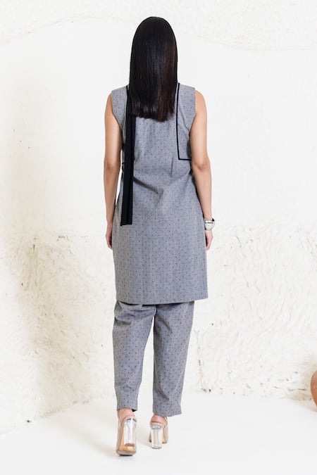 Shop_Orcr_Gray Cotton Grey Polka Dot Draped Jacket Kurta Set _at_Aza_Fashions