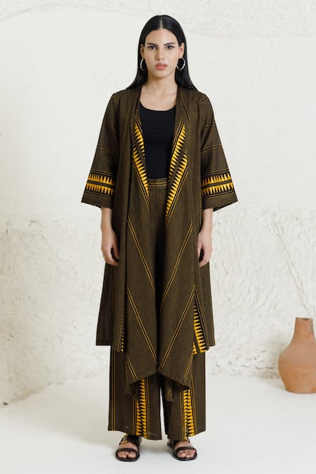 Orcr_Black Cotton Beads Open Neck Geometric Patterned Jacket And Pant Set _Online_at_Aza_Fashions