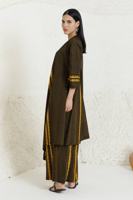 Buy_Orcr_Black Cotton Beads Open Neck Geometric Patterned Jacket And Pant Set _Online_at_Aza_Fashions