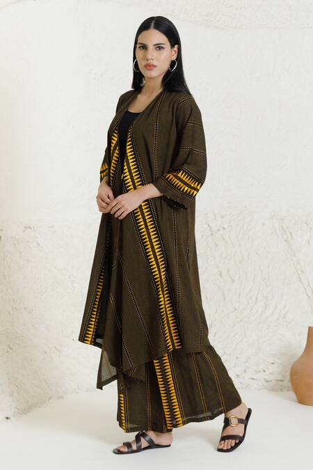 Shop_Orcr_Black Cotton Beads Open Neck Geometric Patterned Jacket And Pant Set _Online_at_Aza_Fashions