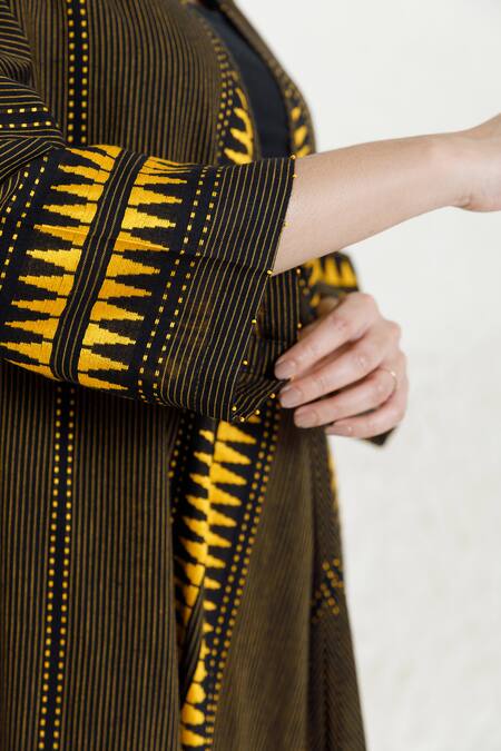 Orcr_Black Cotton Beads Open Neck Geometric Patterned Jacket And Pant Set _at_Aza_Fashions