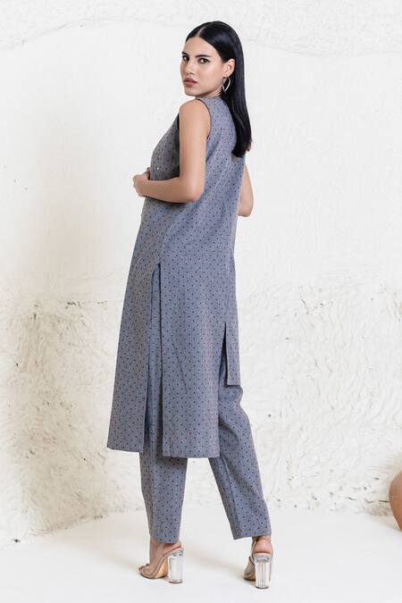 Shop_Orcr_Gray Cotton Sequins Open Neck, Grey Asymmetric Jacket Pant Set _at_Aza_Fashions