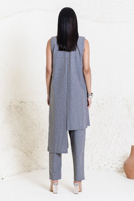 Orcr_Gray Cotton Sequins Open Neck, Grey Asymmetric Jacket Pant Set _Online_at_Aza_Fashions