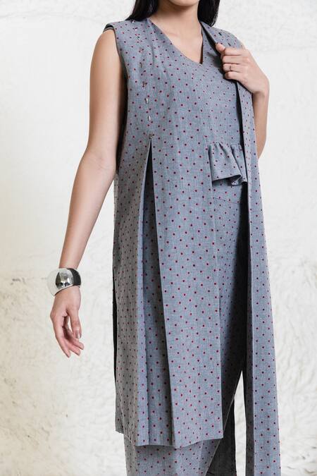 Buy_Orcr_Gray Cotton Sequins Open Neck, Grey Asymmetric Jacket Pant Set _Online_at_Aza_Fashions