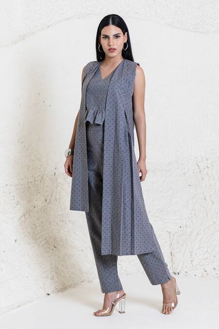 Shop_Orcr_Gray Cotton Sequins Open Neck, Grey Asymmetric Jacket Pant Set 