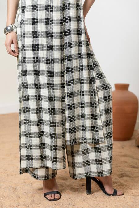 Orcr_Black Cotton Beads Round Neck Checkered Asymmetric Tunic And Flared Pant Set _Online_at_Aza_Fashions