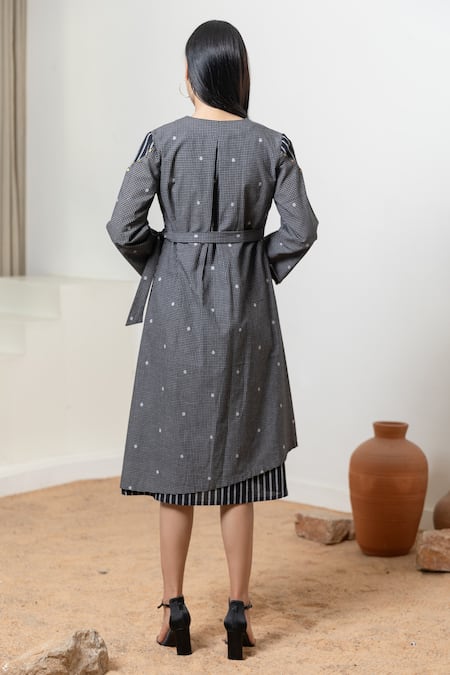 Orcr Black Striped Dress With Asymmetric Jacket 