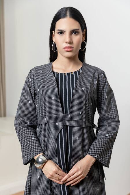 Orcr_Black Cotton Sequins Round Neck, Striped Dress With Asymmetric Jacket _Online_at_Aza_Fashions