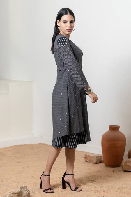 Buy_Orcr_Black Cotton Sequins Round Neck, Striped Dress With Asymmetric Jacket _Online_at_Aza_Fashions