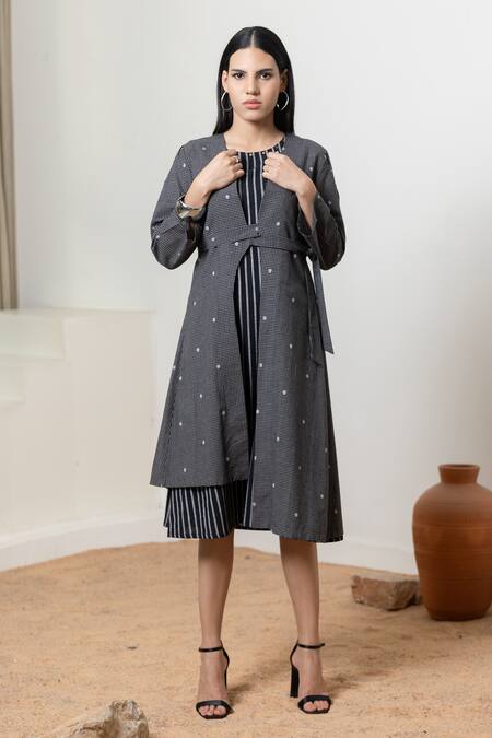 Shop_Orcr_Black Cotton Sequins Round Neck, Striped Dress With Asymmetric Jacket _Online_at_Aza_Fashions