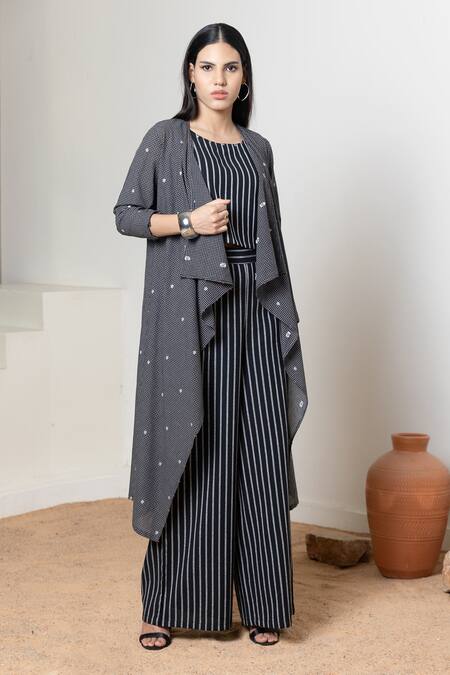 Orcr_Black Cotton Beads Open Neck, Round Asymmetric Jacket And Striped Flared Pant Set _Online_at_Aza_Fashions