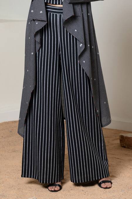 Buy_Orcr_Black Cotton Beads Open Neck, Round Asymmetric Jacket And Striped Flared Pant Set _Online_at_Aza_Fashions
