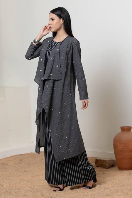 Shop_Orcr_Black Cotton Beads Open Neck, Round Asymmetric Jacket And Striped Flared Pant Set _Online_at_Aza_Fashions