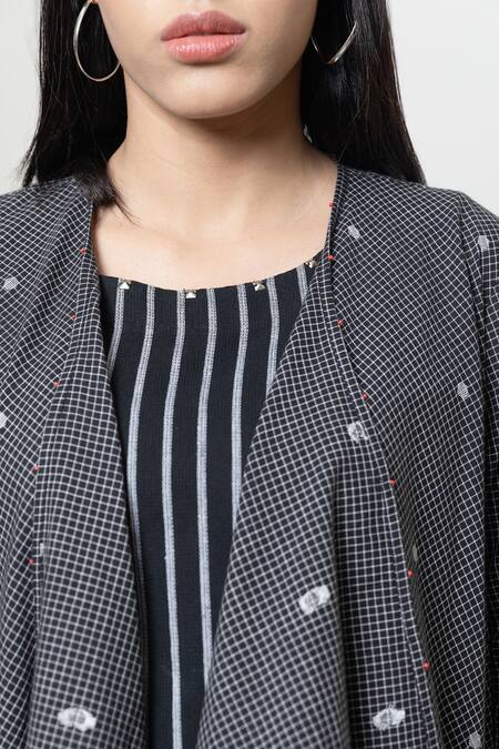 Orcr_Black Cotton Beads Open Neck, Round Asymmetric Jacket And Striped Flared Pant Set _at_Aza_Fashions