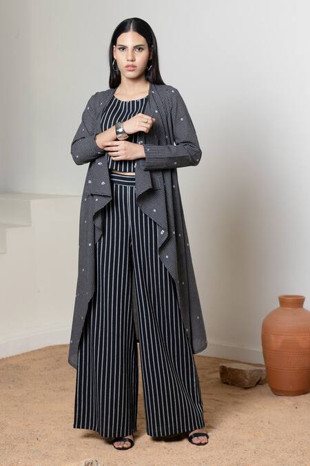 Buy_Orcr_Black Cotton Beads Open Neck, Round Asymmetric Jacket And Striped Flared Pant Set 