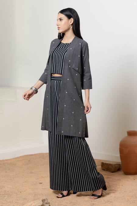 Orcr_Black Cotton Beads Open , Round Checkered Detailed Jacket Pant Set _Online_at_Aza_Fashions