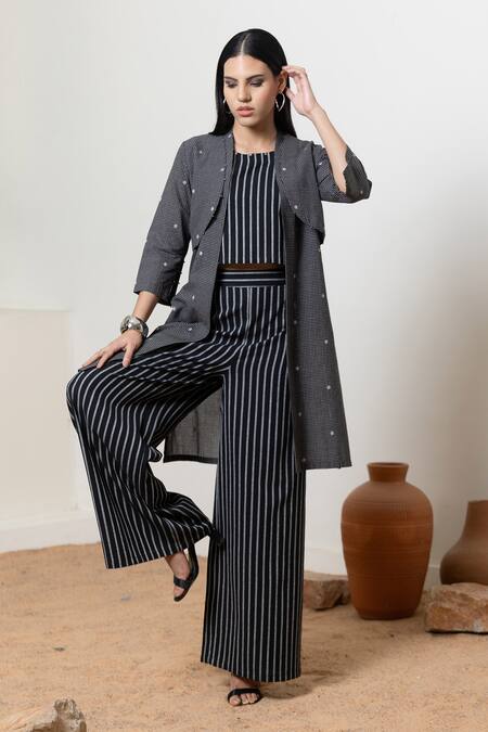 Buy_Orcr_Black Cotton Beads Open , Round Checkered Detailed Jacket Pant Set _Online_at_Aza_Fashions