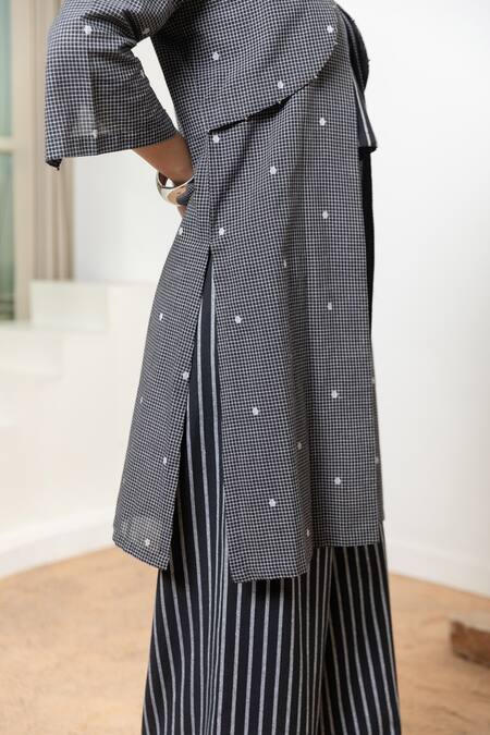 Orcr_Black Cotton Beads Open , Round Checkered Detailed Jacket Pant Set _at_Aza_Fashions