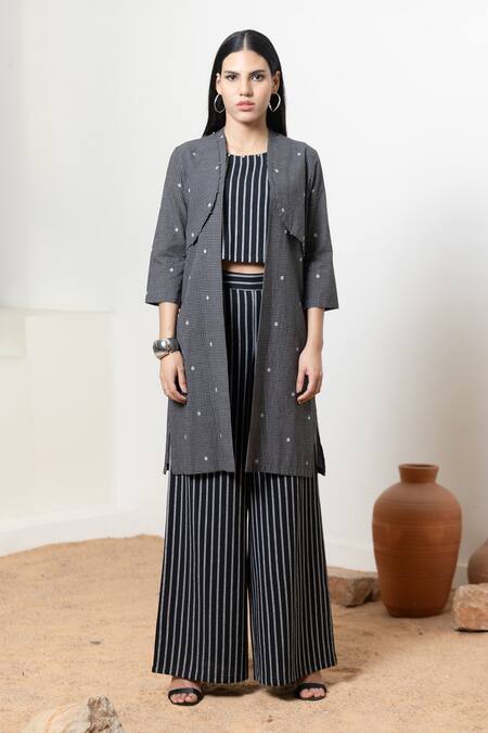 Buy_Orcr_Black Cotton Beads Open , Round Checkered Detailed Jacket Pant Set 