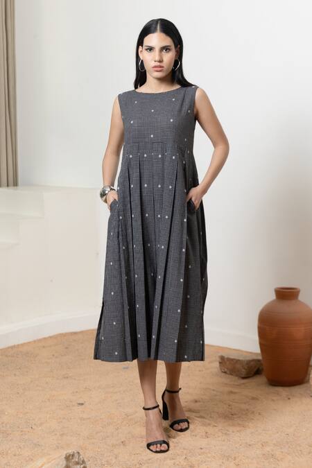Orcr_Black Cotton Beads Round Neck Checkered Detail Midi Dress _Online_at_Aza_Fashions