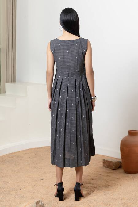 Shop_Orcr_Black Cotton Beads Round Neck Checkered Detail Midi Dress _at_Aza_Fashions
