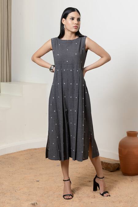 Shop_Orcr_Black Cotton Beads Round Neck Checkered Detail Midi Dress _Online_at_Aza_Fashions