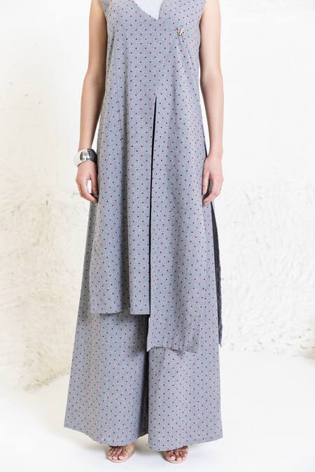 Orcr_Gray Cotton V-neck Grey Polka Dot Asymmetric Jacket Kurta Set _at_Aza_Fashions