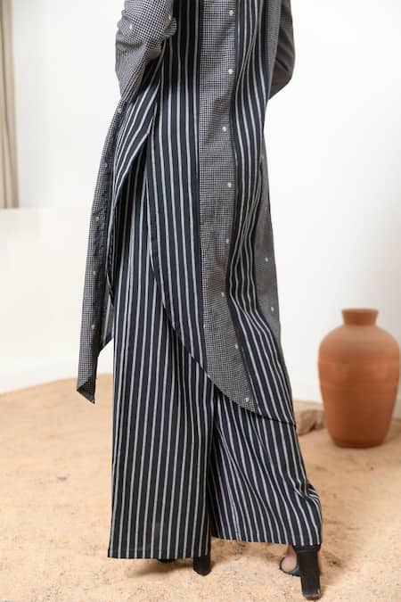 Orcr_Black Cotton Beads Open , Round Asymmetric Jacket And Striped Pant Set _Online_at_Aza_Fashions