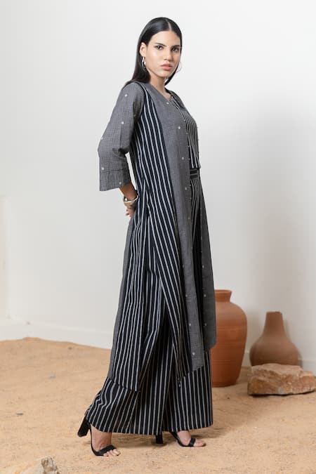 Buy_Orcr_Black Cotton Beads Open , Round Asymmetric Jacket And Striped Pant Set _Online_at_Aza_Fashions