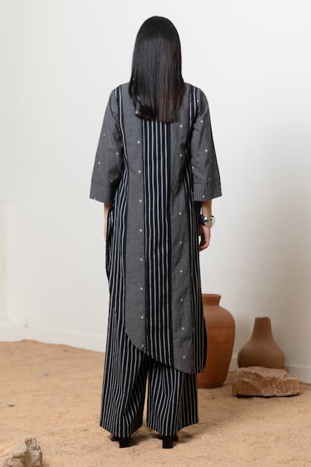 Shop_Orcr_Black Cotton Beads Open , Round Asymmetric Jacket And Striped Pant Set _at_Aza_Fashions