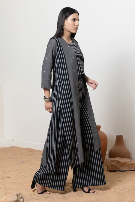 Shop_Orcr_Black Cotton Beads Open , Round Asymmetric Jacket And Striped Pant Set _Online_at_Aza_Fashions