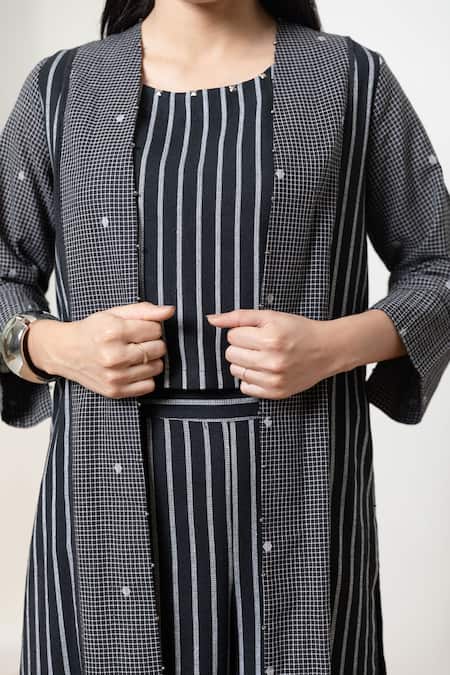 Orcr_Black Cotton Beads Open , Round Asymmetric Jacket And Striped Pant Set _at_Aza_Fashions