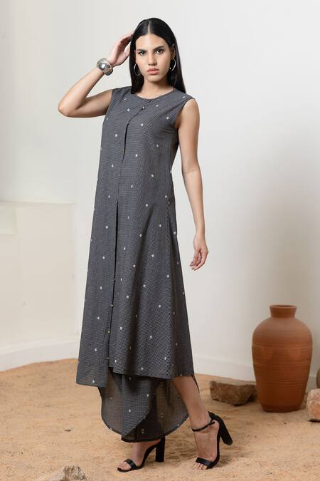 Orcr_Black Cotton Beads Round Neck Asymmetric Checkered Kurta Set _Online_at_Aza_Fashions