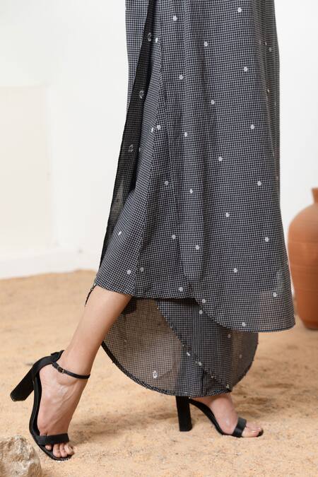 Buy_Orcr_Black Cotton Beads Round Neck Asymmetric Checkered Kurta Set _Online_at_Aza_Fashions