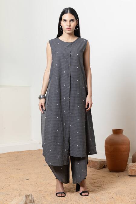 Buy_Orcr_Black Cotton Beads Round Neck Asymmetric Checkered Kurta Set 