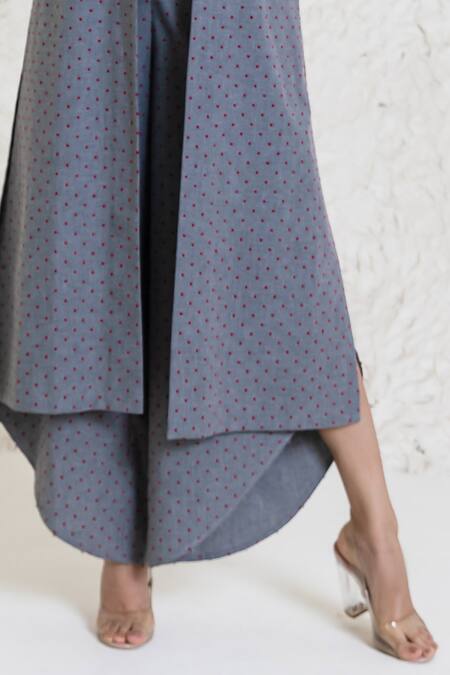 Orcr_Gray Cotton Beads Collared, V-neck Grey Polka Dot Jacket Pant Set _Online_at_Aza_Fashions
