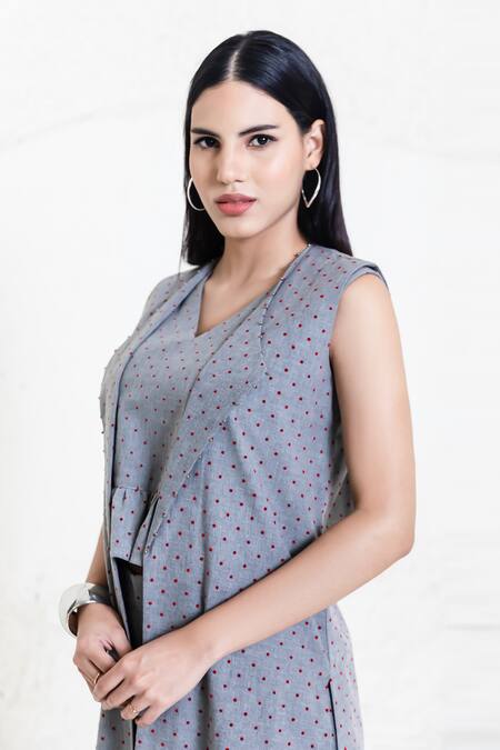 Buy_Orcr_Gray Cotton Beads Collared, V-neck Grey Polka Dot Jacket Pant Set _Online_at_Aza_Fashions