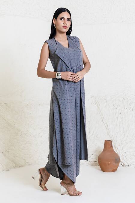 Shop_Orcr_Gray Cotton Beads Collared, V-neck Grey Polka Dot Jacket Pant Set _Online_at_Aza_Fashions