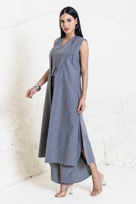 Orcr_Gray Cotton Beads Collared, V-neck Grey Polka Dot Jacket Pant Set _at_Aza_Fashions